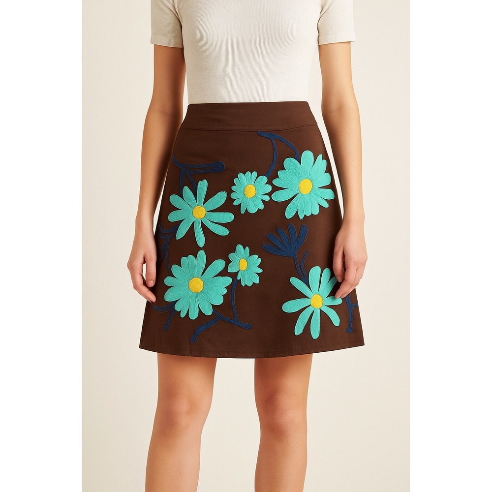 Boden Brown Embroidered Floral A-Line Skirt Size 10R 100% Cotton Retro Boho Chic